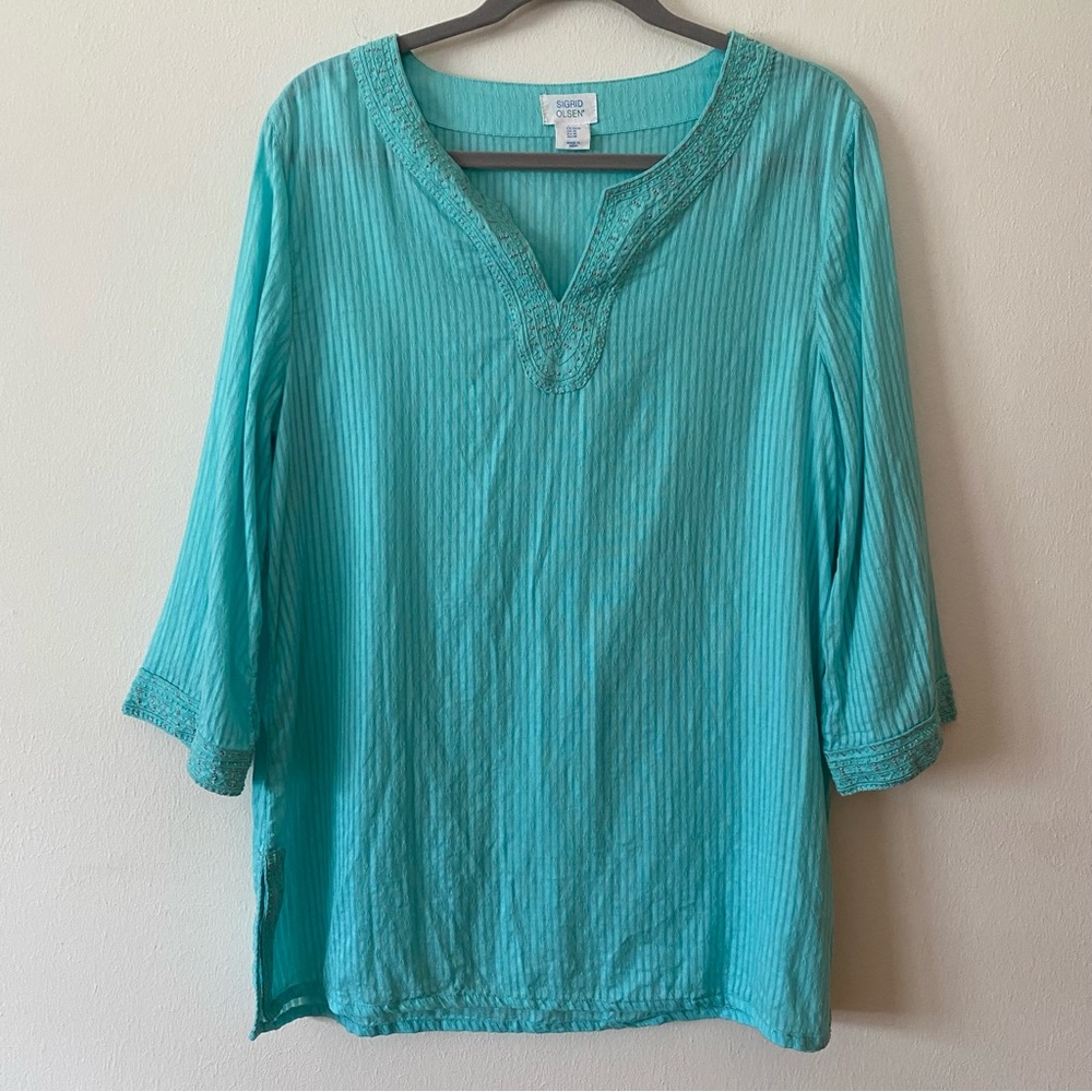Sigrid Olson 100% Cotton Diamond Pattern 3/4 Sleeve Tunic Top